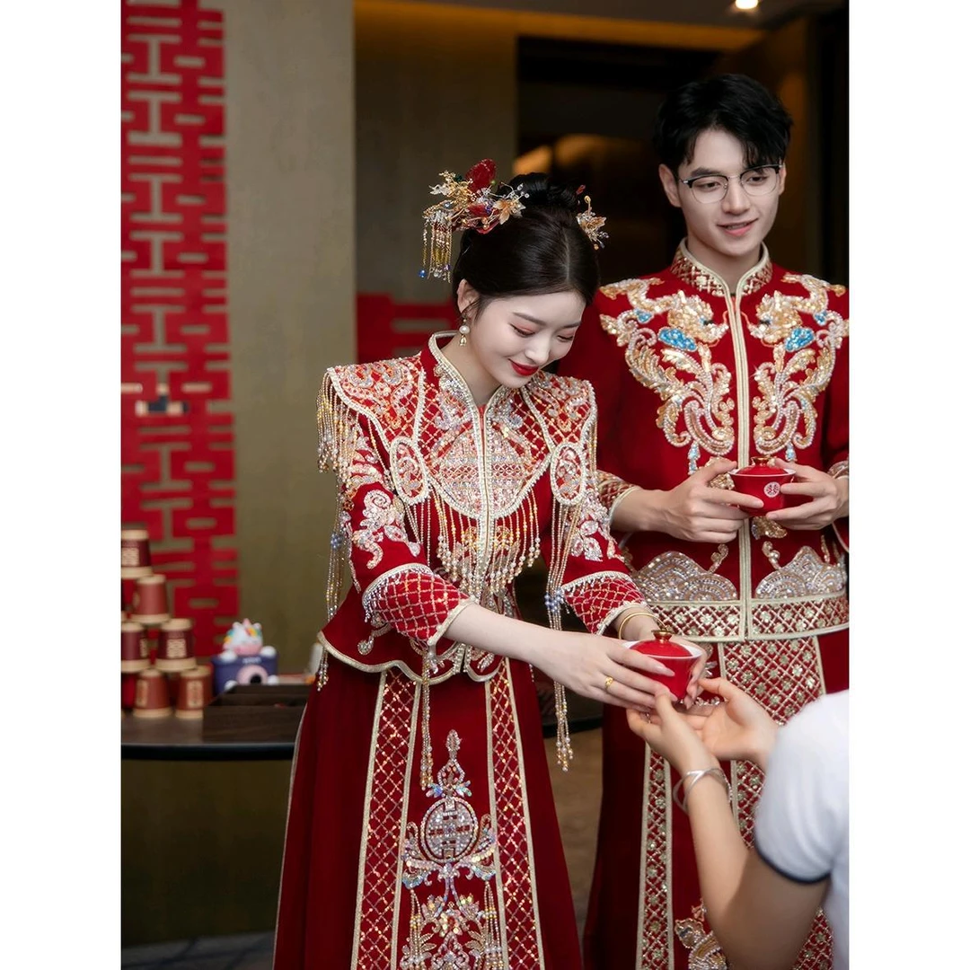 高级秀禾服婚服2024新款丝绒新娘中式结婚礼服重工嫁衣龙凤褂出阁