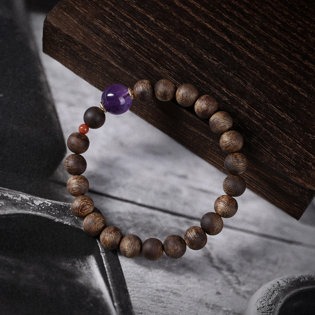 沉香【揽香集】-沉香手串海南莺歌绿0.8单圈紫水晶设计款