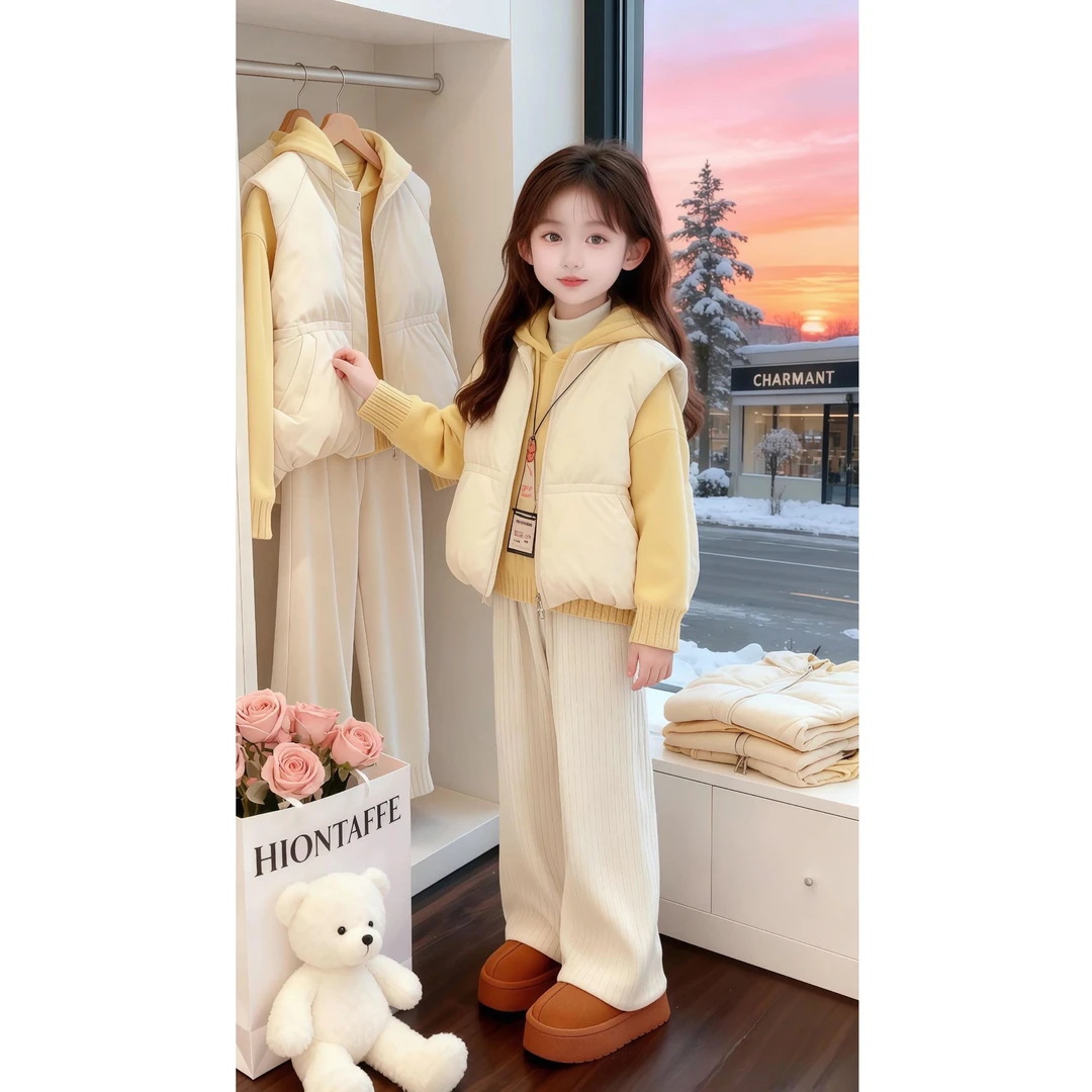 女童加绒加厚套装冬季2025新款大童韩版时髦马甲毛衣阔腿裤三件套