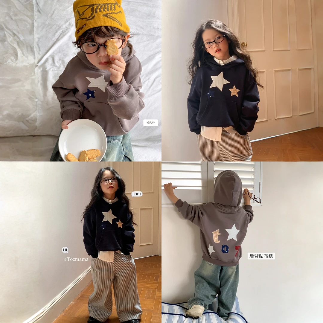 小小天童装男童春秋新款星星贴布绣宽松连帽卫衣女童秋款卫衣外套
