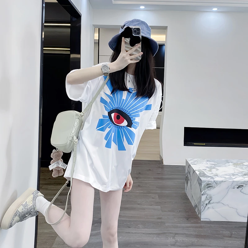 长款白色短袖女t恤夏季2025新款独眼印花中长款宽松大版独特体恤