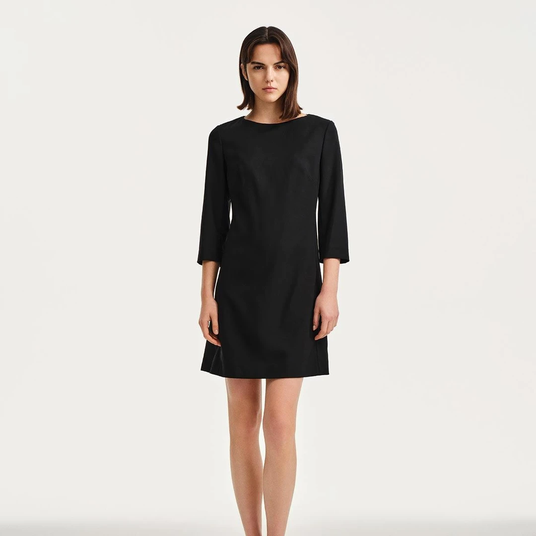 FALEMIG-萝家春秋气质简约法式修身七袖圆领绵羊毛连衣裙Y01000