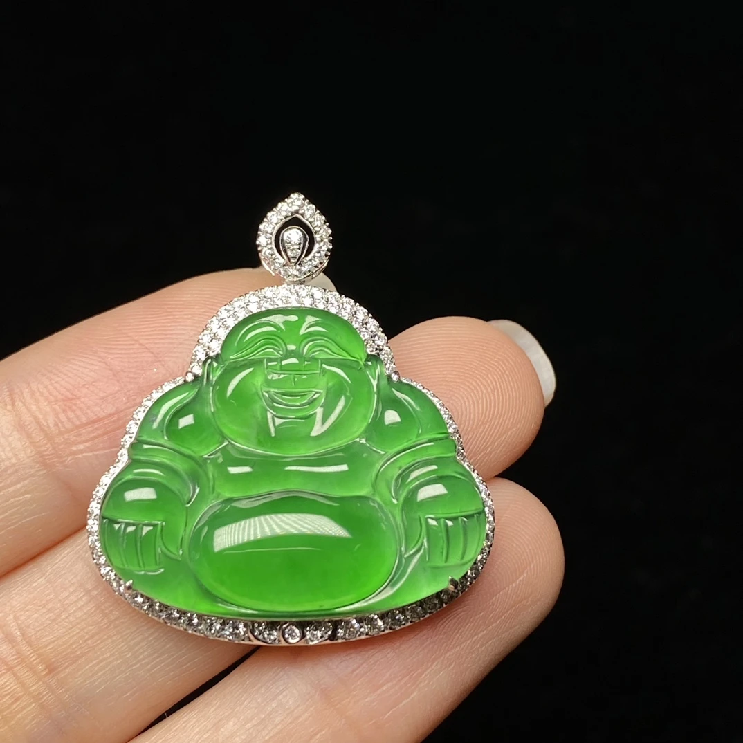 天然A货翡翠高冰种正阳绿颈饰18K真金真钻镶嵌佛公吊坠