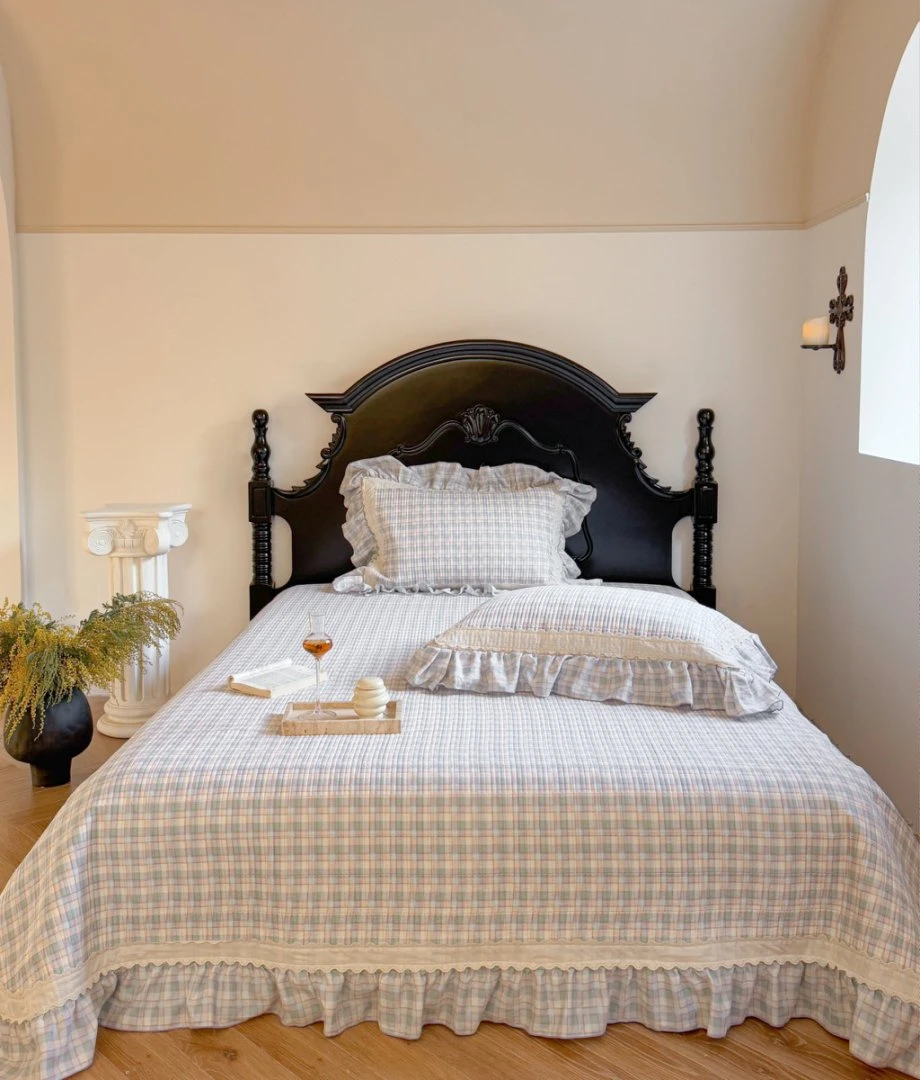 【J·L晶莱】法式新款全棉双层纱布格子花边款床盖双人夏被春秋被