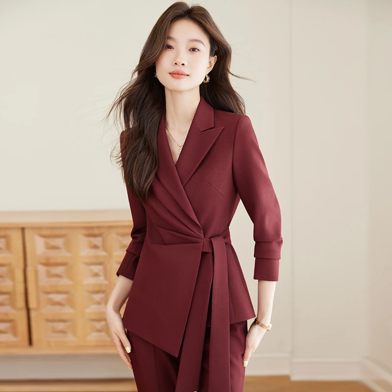 安可拉红西装套装女2025春秋款新款休闲高级感蝴蝶结时尚修身西服