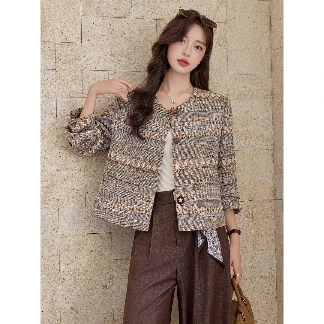 法芬图小香风粗花呢短外套女2025春秋新款覆古几何纹撞色时尚上衣