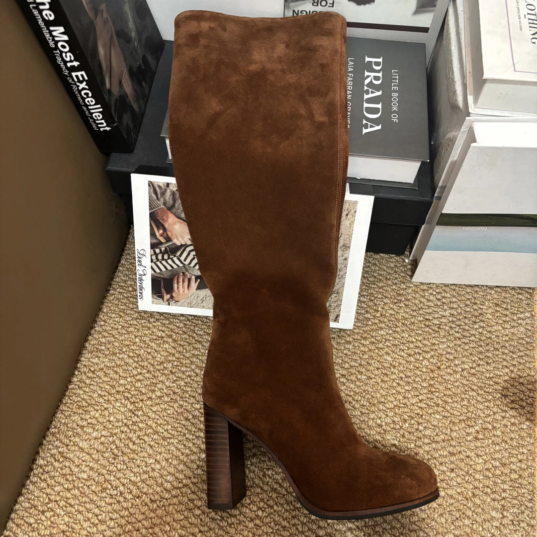 POMORROW 高跟长筒靴软皮靴子粗跟磨砂及膝靴翻毛皮女靴2025新款