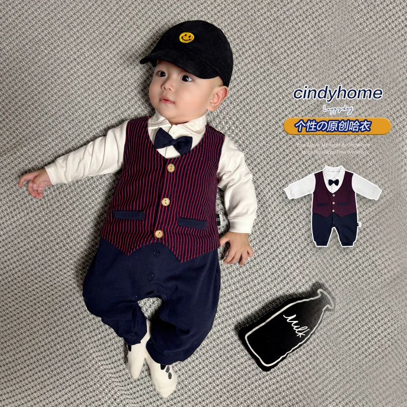 新款绅士风婴儿连体衣春秋款宝宝假两件领结哈衣爬服