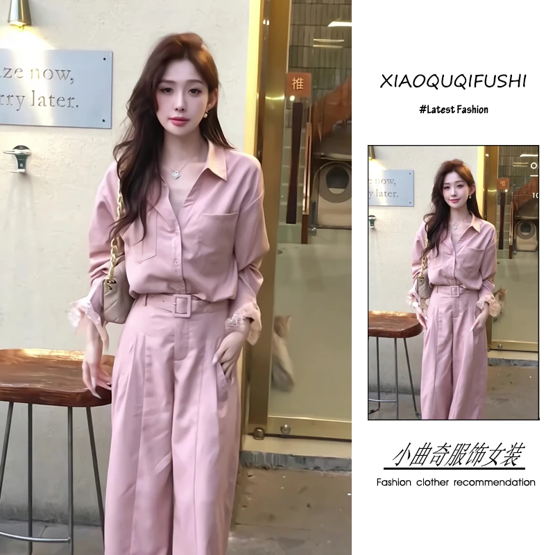 夏季流行穿搭一整套新款2025年韩版高级感蕾丝衬衫阔腿裤洋气套装