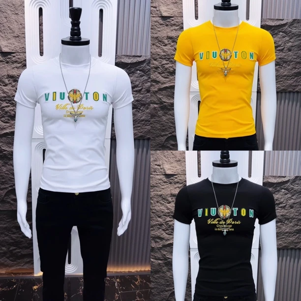 潮流时尚男士修身弹力刺绣圆领短袖百搭休闲打底个性短袖t恤网红