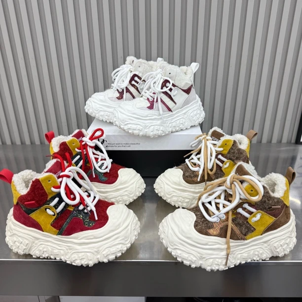 来0877-3新款厚底松糕圆头秋冬加绒高帮时尚休闲鞋底厚5公分