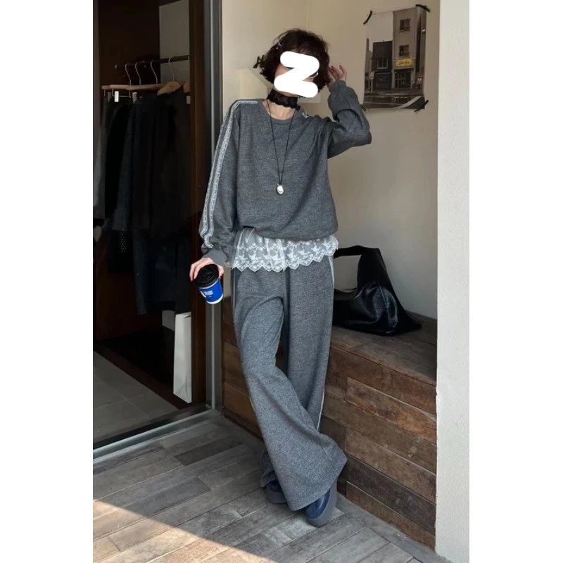 休闲蕾丝拼接套装女欧货2025春季新款减龄圆领卫衣阔腿裤两件套潮