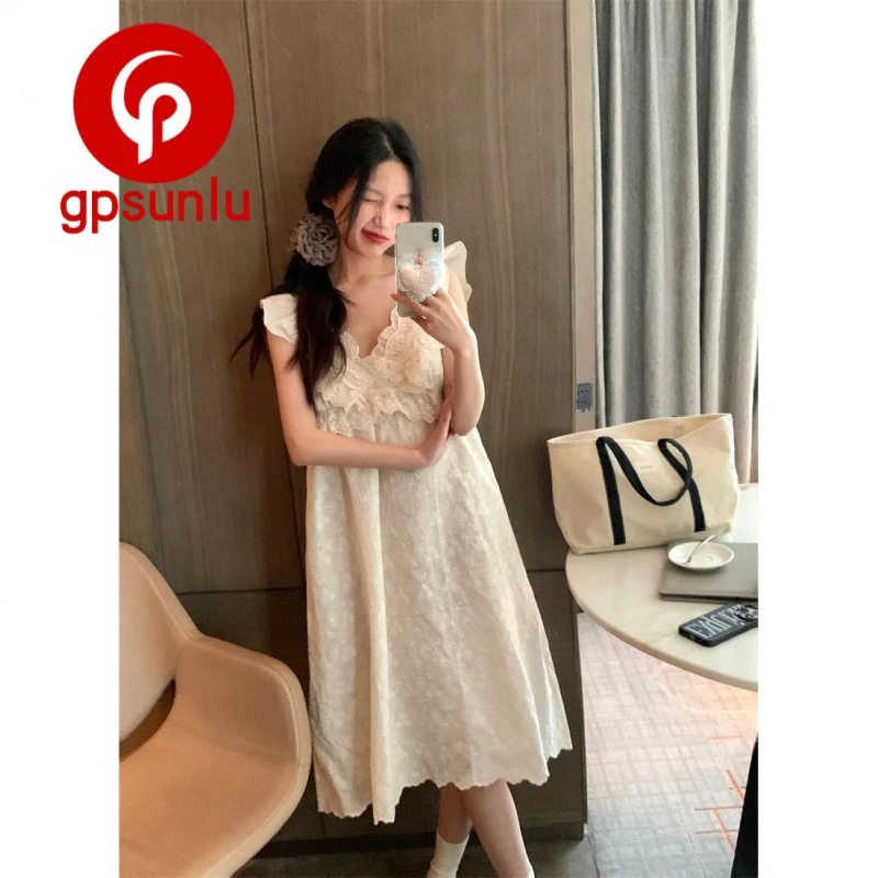 gpsunlu「法式轻奢」小众宫廷风睡裙女夏季蕾丝V领带胸垫睡衣家居服