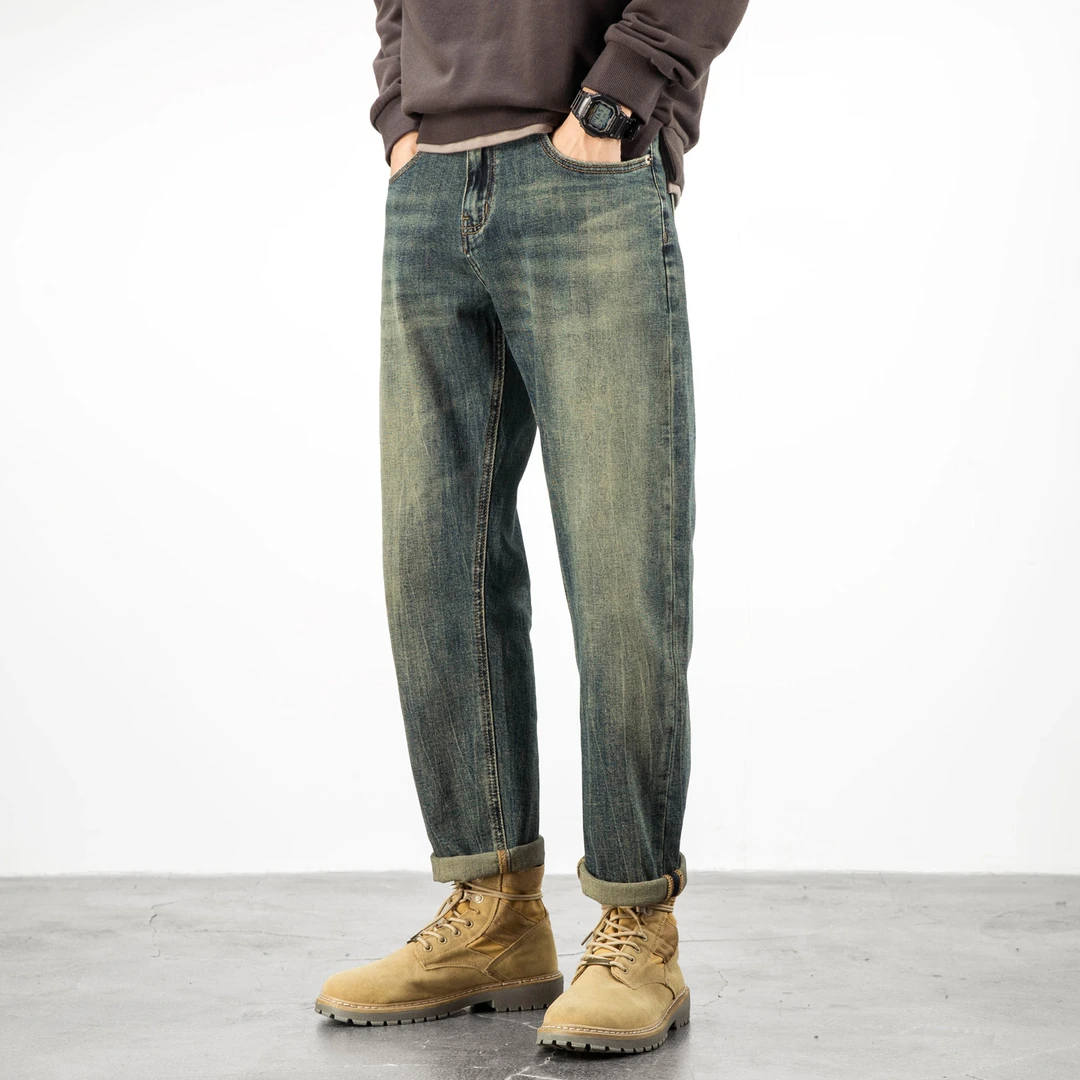 高端弹力牛仔裤男宽松直筒长裤美式复古休闲潮牌大码锥形裤子秋季