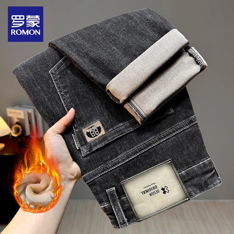 罗蒙高端加绒牛仔裤男士秋冬季款弹力修身直筒潮牌休闲裤子男百搭