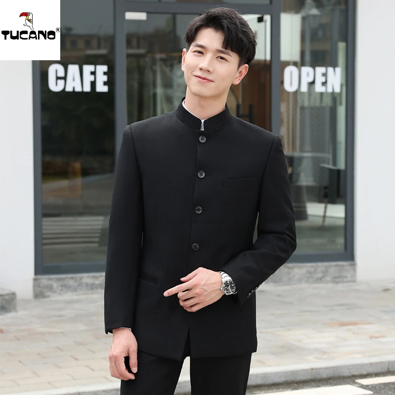 啄木鸟男款西装套装修身中式结婚礼服立领中山装西装演出服唐装