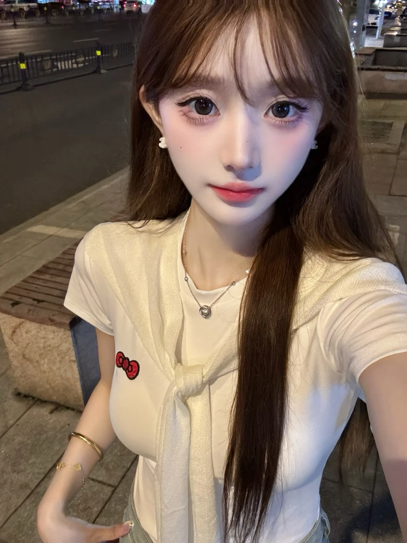 日系可爱~蝴蝶结kitty猫修身甜辣短袖针织披肩