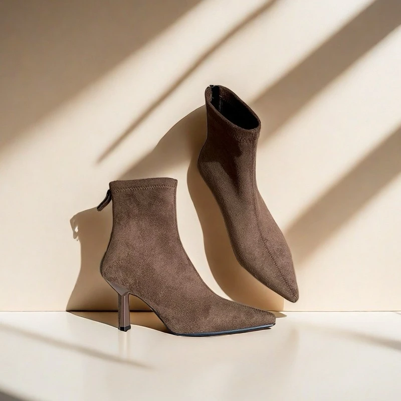 复古AI黑色高跟短靴女2025新款瘦瘦靴细跟尖头百搭短筒高级感单靴