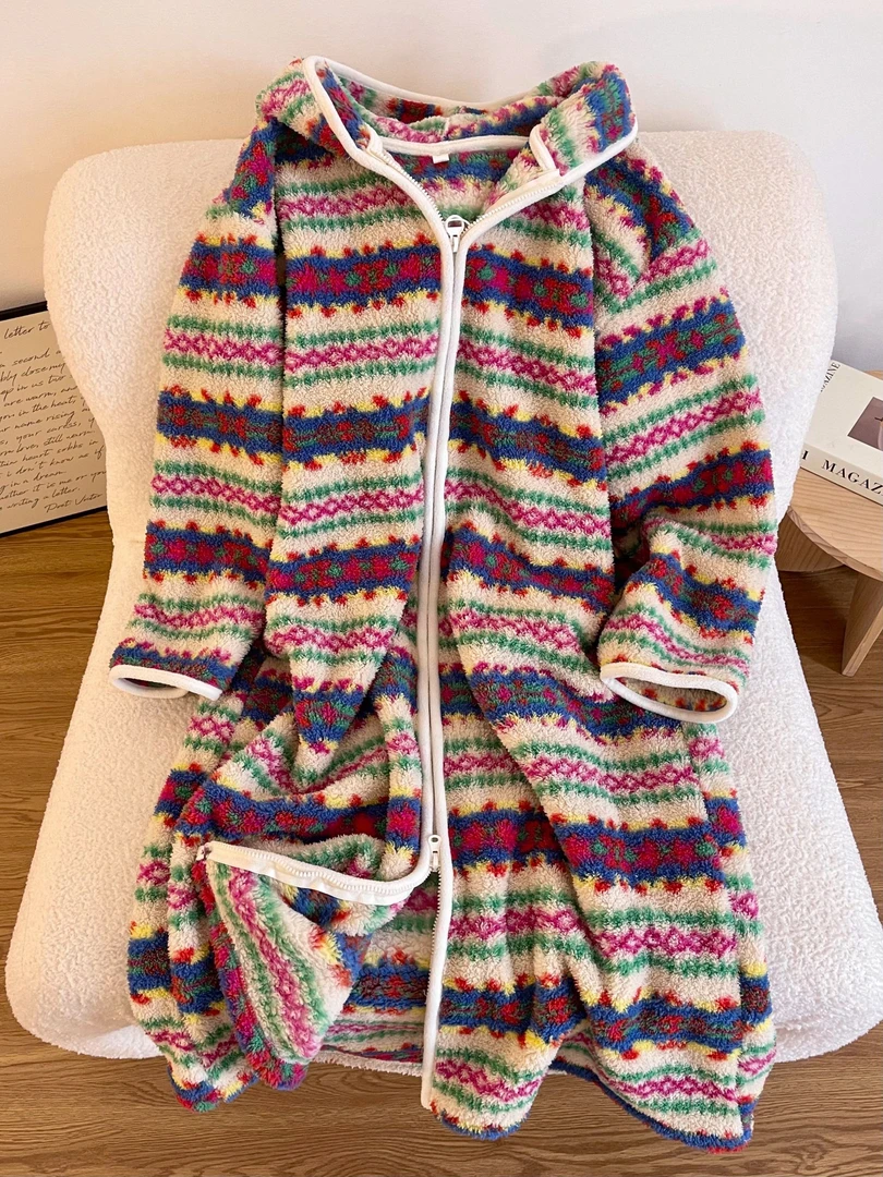 【DMXJ大梦想家】韩系气质条纹珊瑚绒睡袍女秋冬新款保暖家居服套装