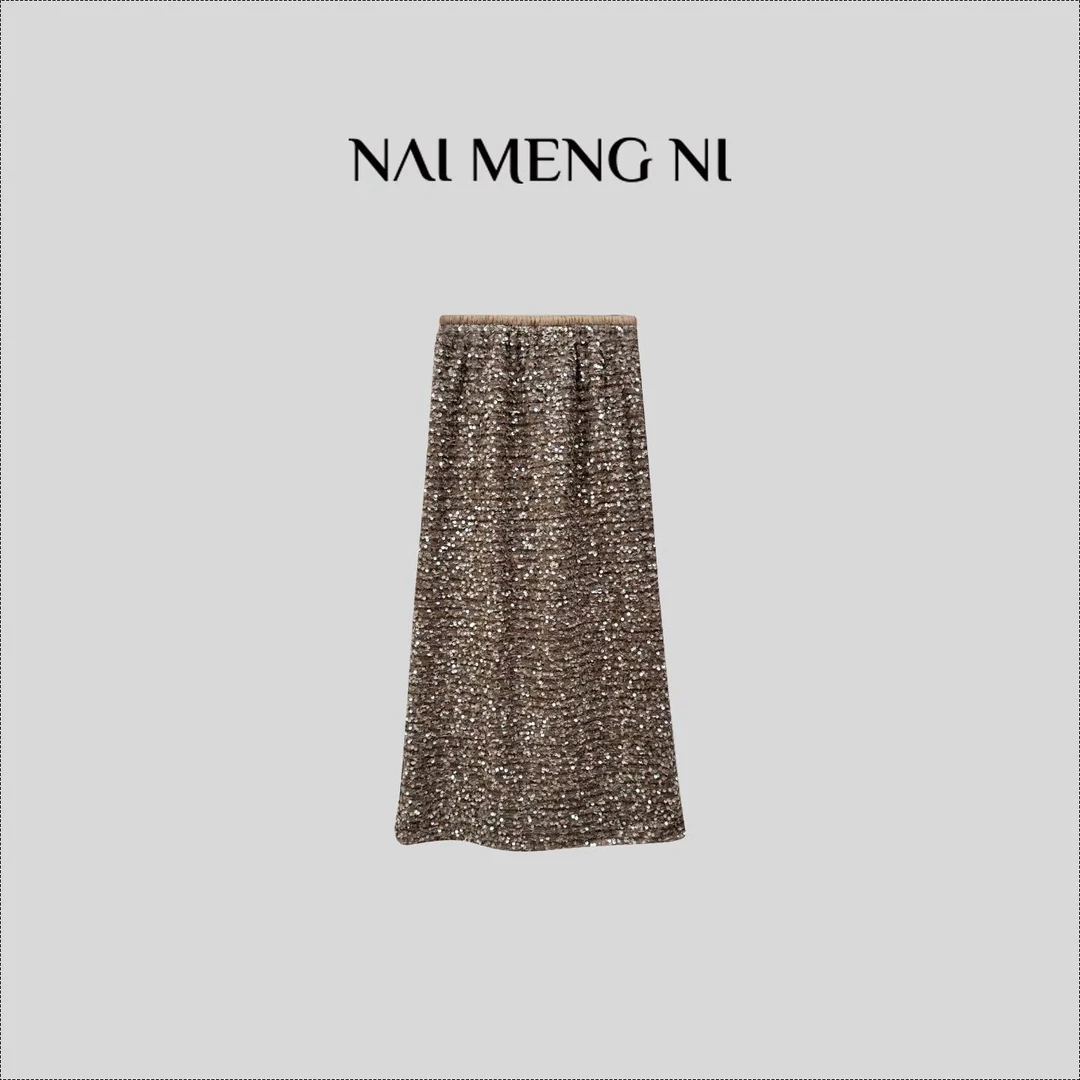 【肉肉】26N1570 法式精致重工亮片松紧高腰开叉显瘦气质包臀半身裙