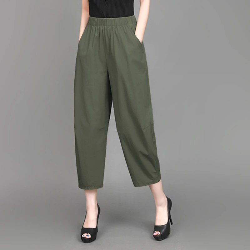 2025休闲新款冰丝裤女九分夏季弹力简约百搭舒适松紧腰哈伦裤