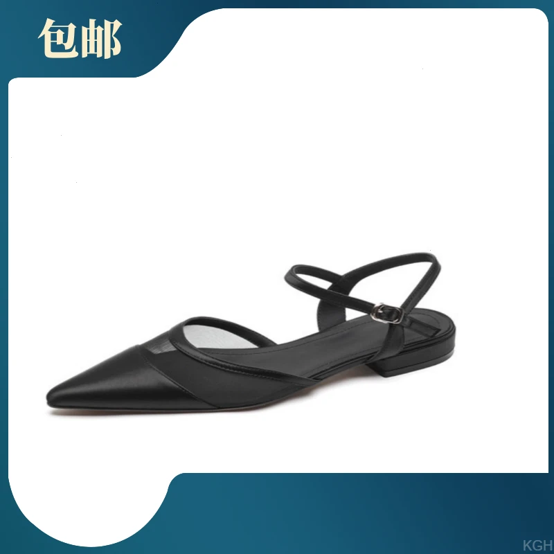 2025女士女法式包头凉鞋低跟夏季方头包头时装凉鞋拼接尖头黑色