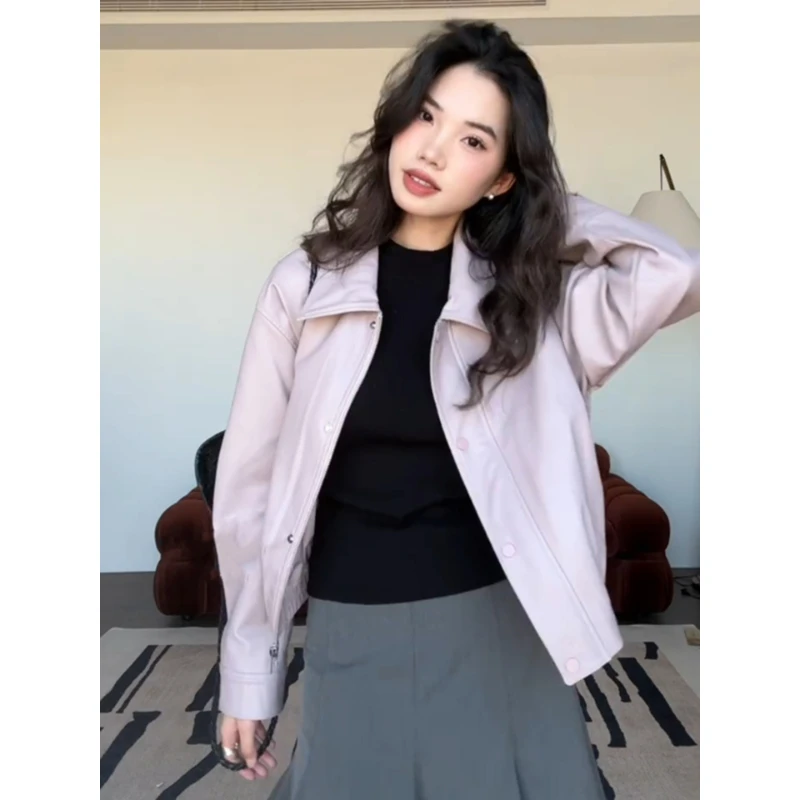 2025秋季新款巨好看的酷飒风短款紫色翻领小香风高级感皮衣外套女