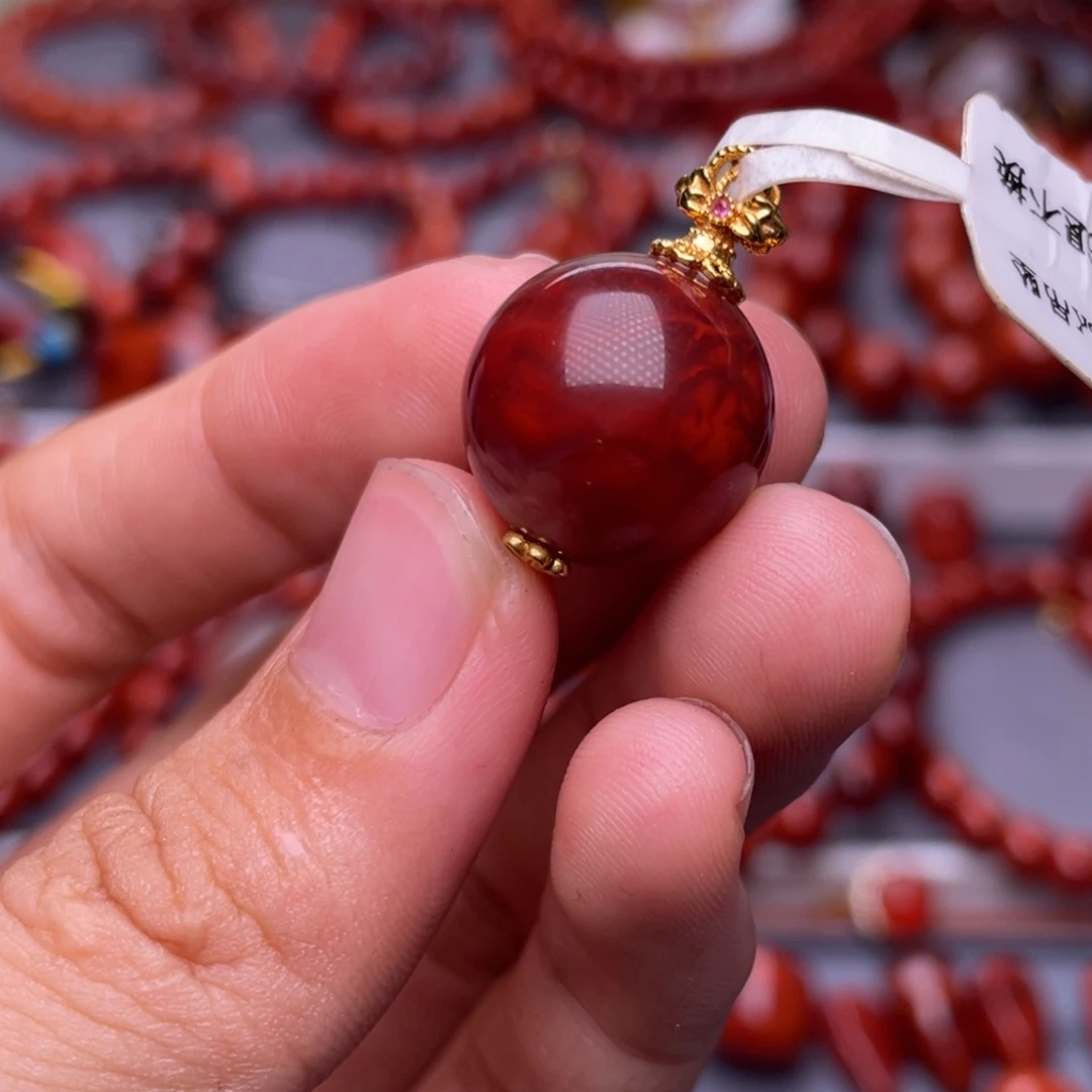 南红玛瑙未镶嵌其他精品）15.5mm瓦西玫锦色圆珠吊坠