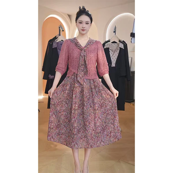 L9708 2025年秋季新款时尚气质显白收腰显瘦中长款连衣裙+罩衫