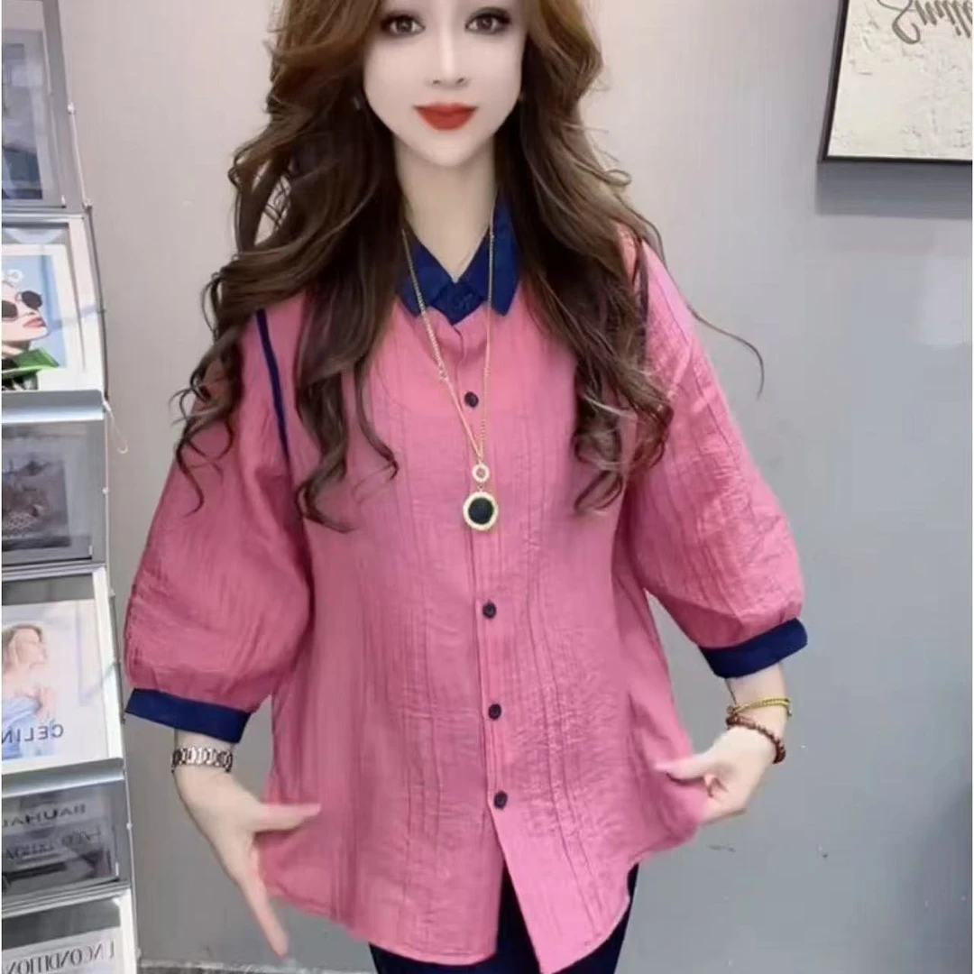 设计感减龄拼色衬衫女2025夏季新款休闲百搭洋气上衣宽松翻领衬衣