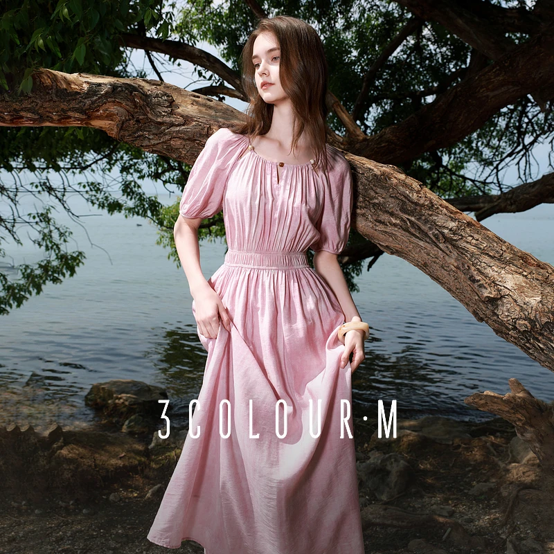 三彩2025夏季新款晕染连衣裙圆领镂空收腰A字裙灯笼袖长裙女M