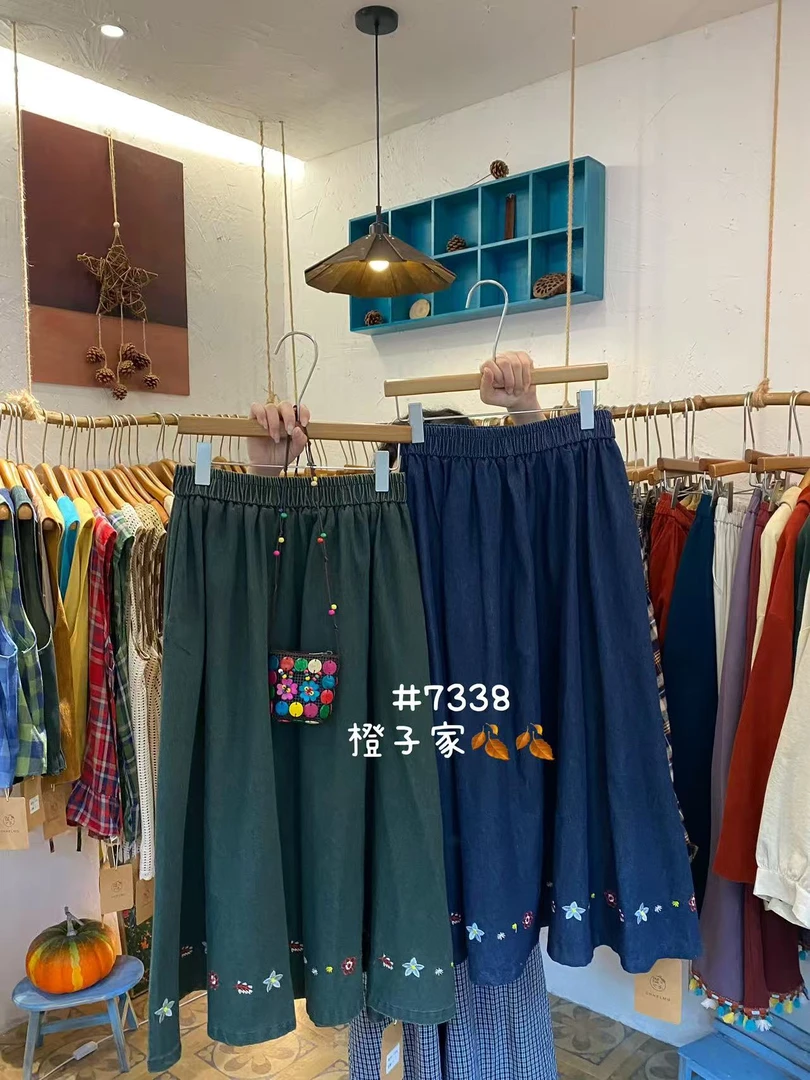 米多多 CZ#7338#日系刺绣牛仔半裙