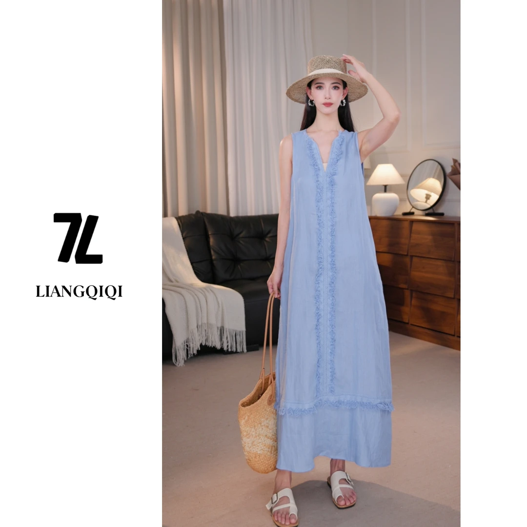 法式复古度假风蓝色流苏连衣裙设计感小众背心裙子2592