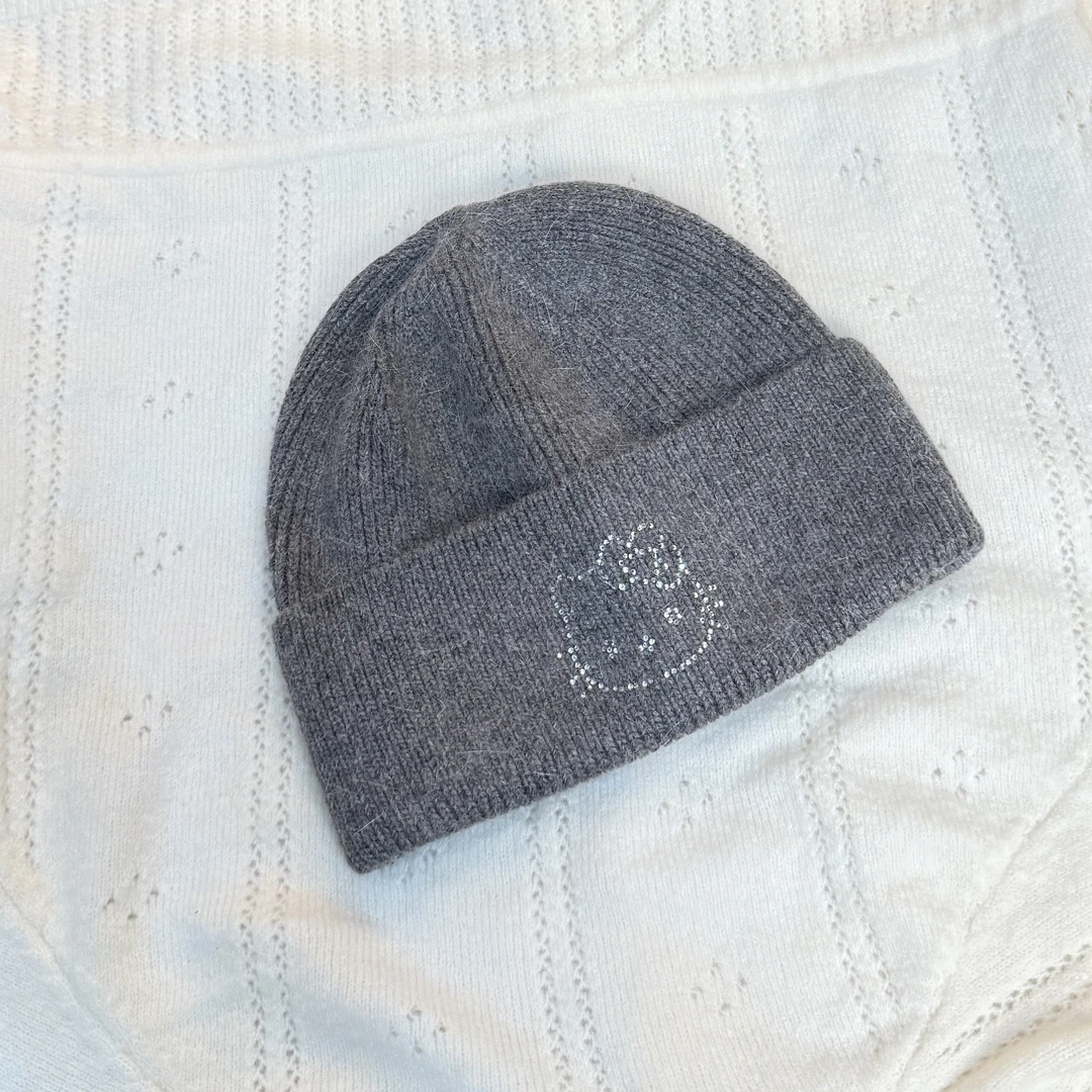 R013灰色KT猫咪闪闪针织帽帽子