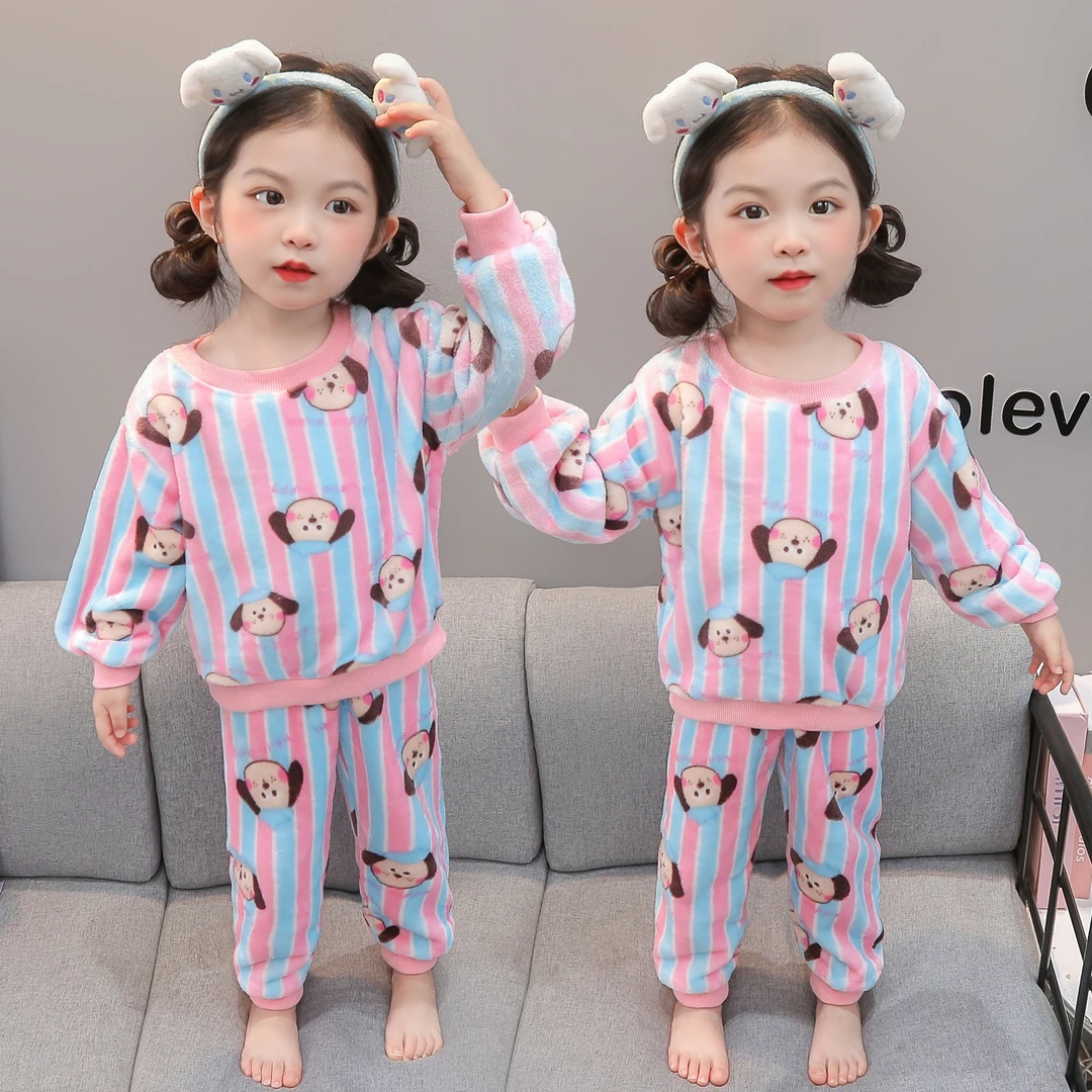 女童睡衣2025新款法兰绒家居服套装保暖小童秋冬季加绒女孩珊瑚绒