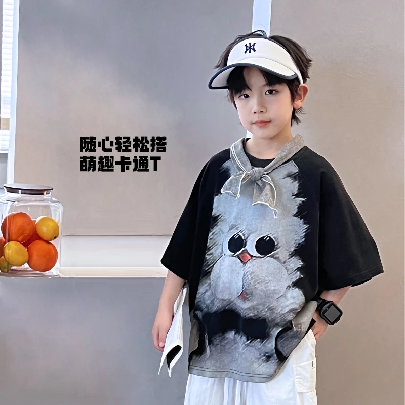 潮牌童装儿童时尚休闲夏季宽松潮流印花男童潮酷黑色T恤5048234O8