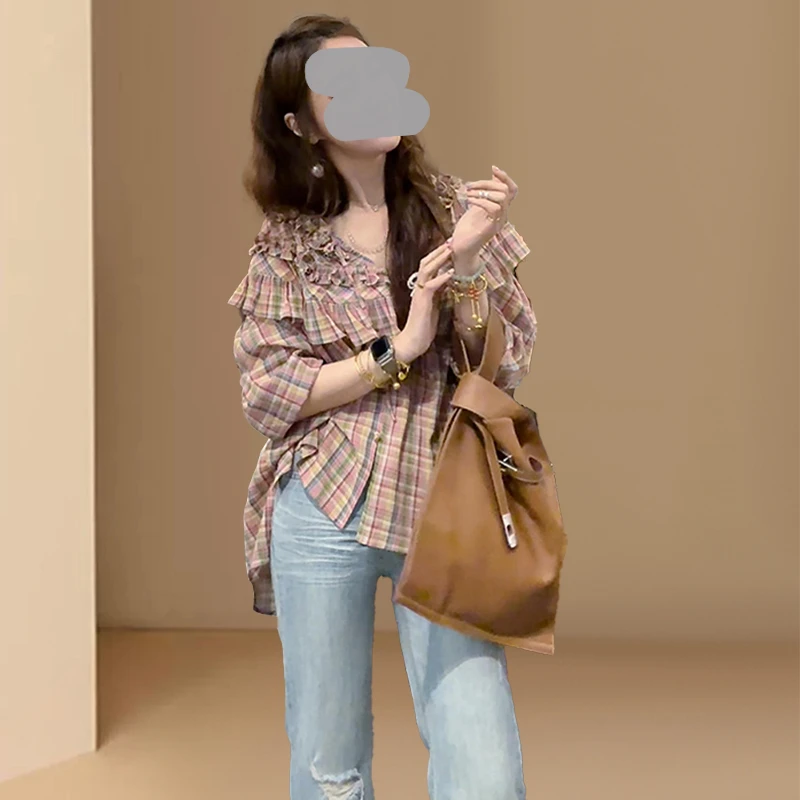 轻奢高级感洋气减龄多巴胺简约荷叶边格纹衬衫上衣女2026夏季新款