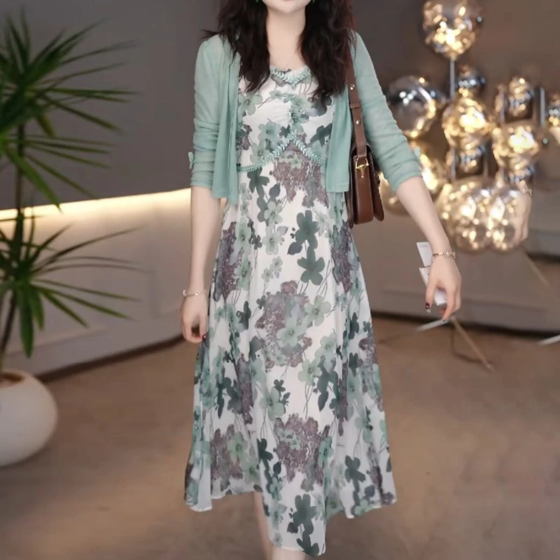 1246#小香风套装连衣裙新春秋今年流行爆款碎花轻奢高级感两件套