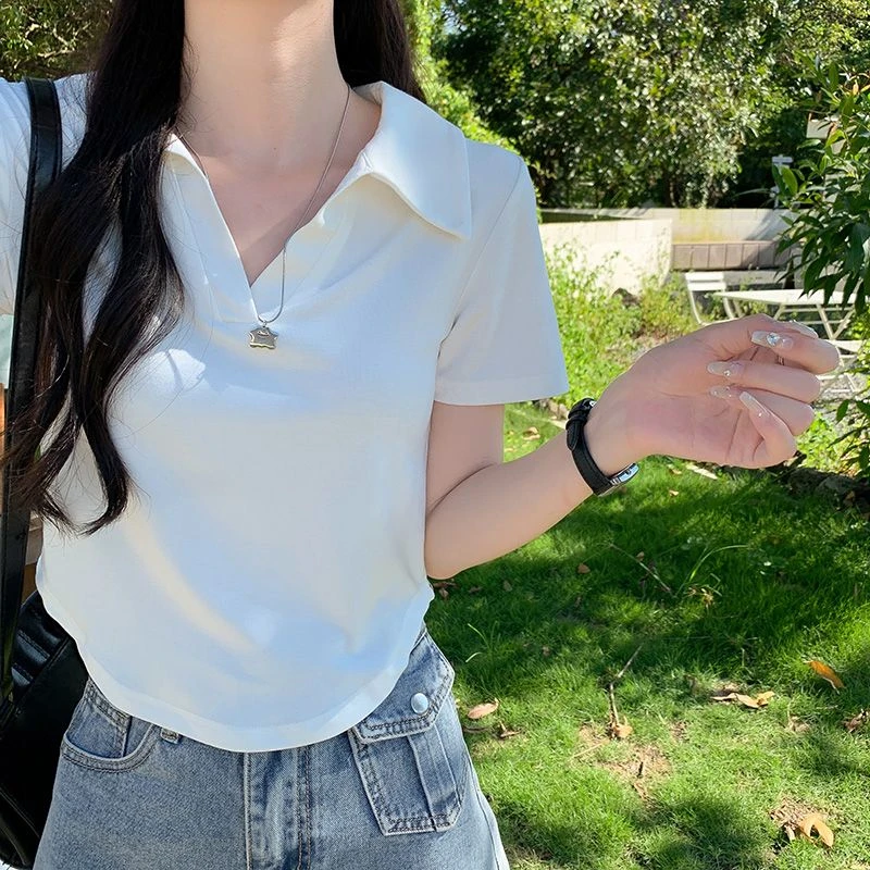 白色简约百搭休闲体恤2025年夏季POLO领短袖短款设计感小众上衣女