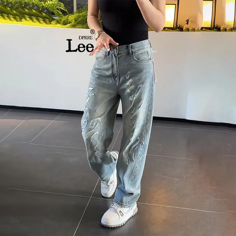 秋冬薄款大码潮牌男士时尚新款重工刮烂阔腿牛仔裤高级感休闲裤潮