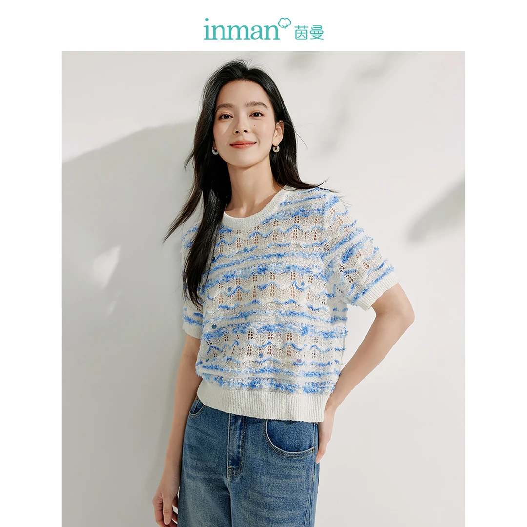 茵曼法式重工立体亮片短袖针织衫女2025年夏季新款通勤镂空上衣