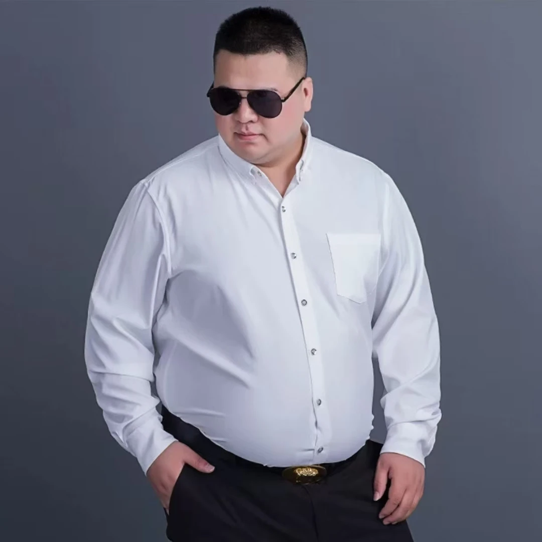 男士长袖白色衬衫上班休闲加大加肥宽松商务纯色衬衣