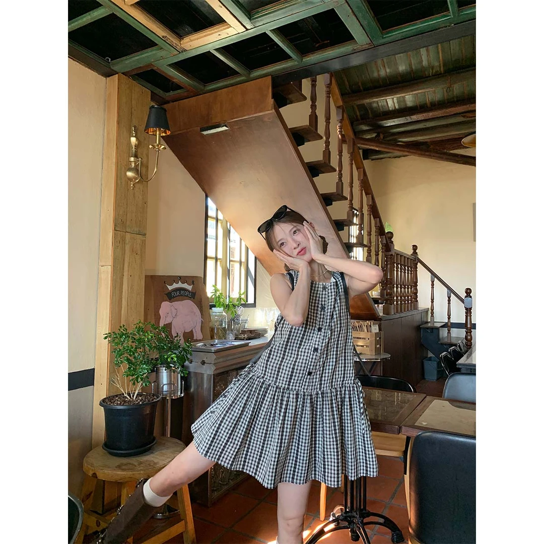 复古少女系带背心连衣裙夏季女拼接百褶短裙叠床甜美连衣裙8001