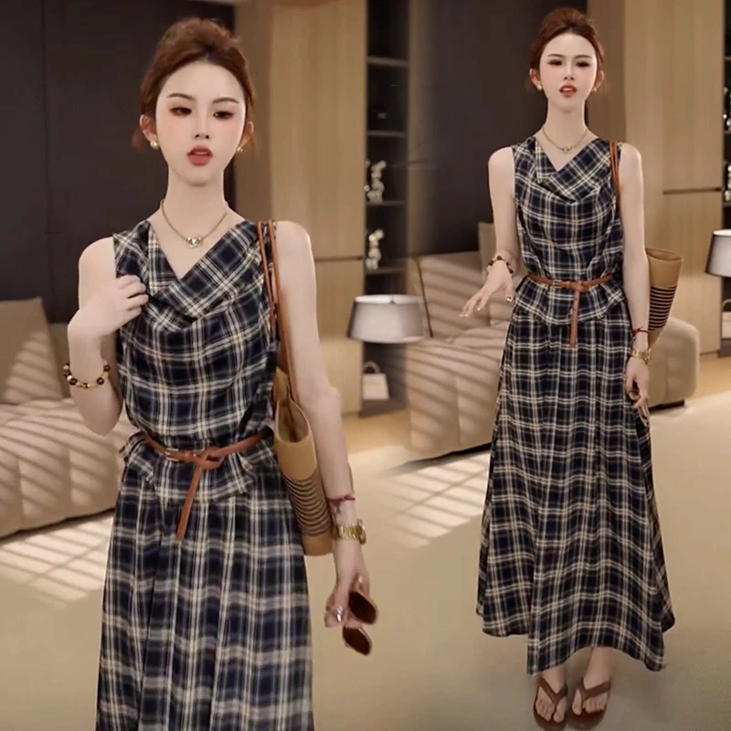 时尚套装女夏季新款洋气质显瘦格纹无袖背心上衣高腰阔腿裤两件套