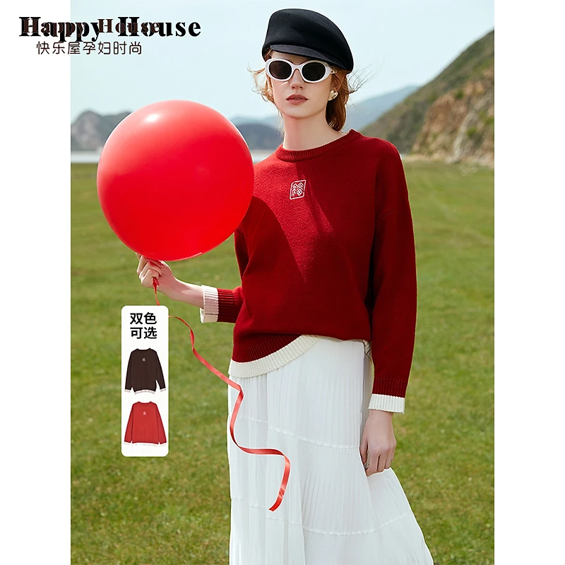 快乐屋孕妇毛衣秋冬2025新款针织衫女新年款福字上衣打底衣孕妇装