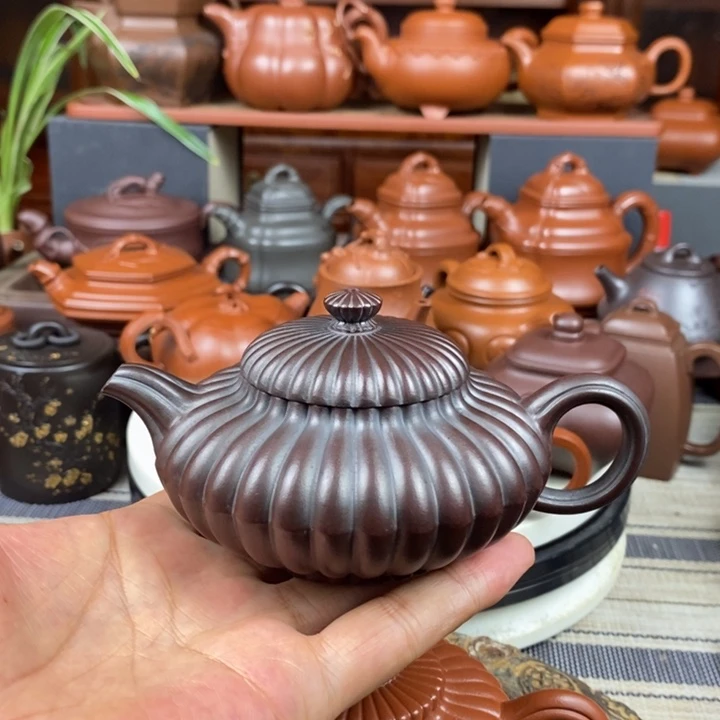 茶壶紫砂筋纹合欢180cc原矿老紫泥还原烧