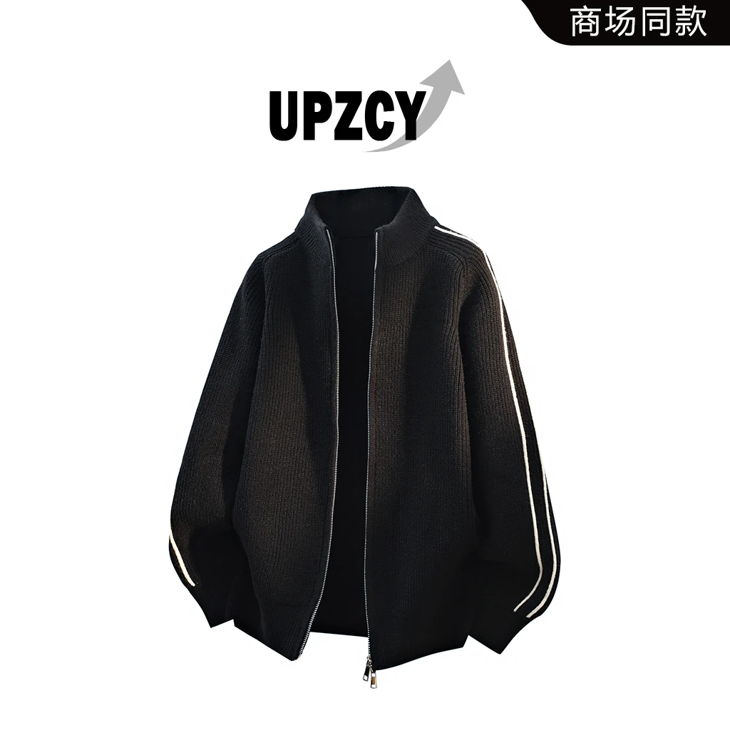 UPZCY美式条纹开衫毛衣外套男秋冬宽松休闲针织衫上衣高级感男装