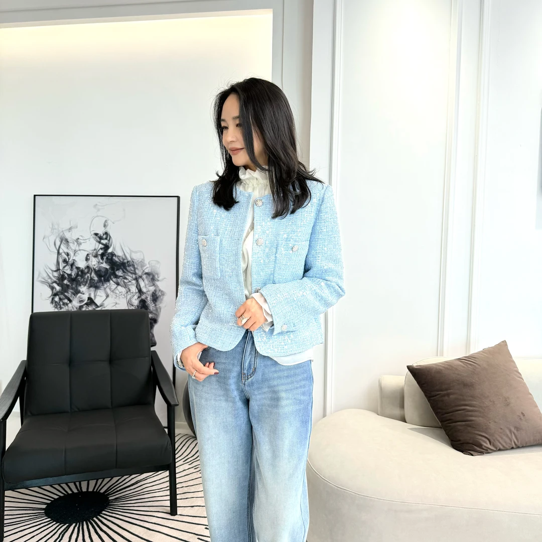 MSSY美舒尚衣秋季外套女装小香风外套亮片气质蓝色短款60012