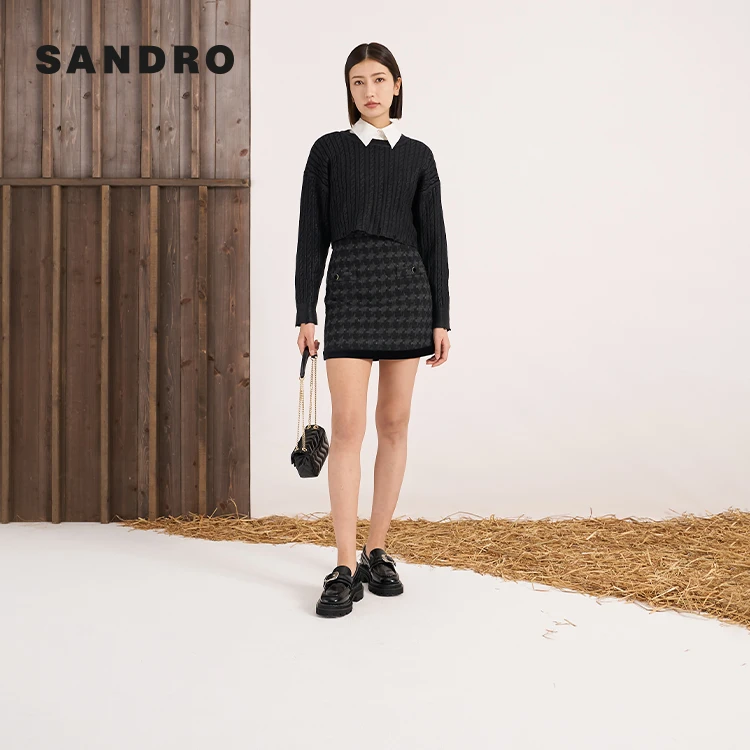 抖音双11|SANDRO新款女装复古舒适黑色长袖毛衣针织SFPPU01976