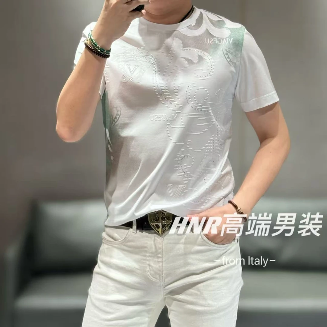 全身5D激光雕花植绒工艺巴洛克美人头再生纤维素纤维新款T恤7833